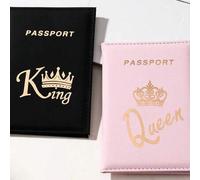 Shein 2 piezas Estuche protector de pasaporte para viajes al aire libre, set de pareja, impreso con letras doradas en relieve de Rey y Reina, funda de pasap