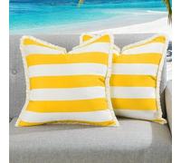 Shein 2 piezas Fundas de almohada a prueba de agua con borlas para exteriores, funda de cojín decorativa de rayas para jardín, balcón, sofá