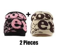 Shein 2 piezas Gorro de punto con letra, gorro de punto tejido con diseño de jacquard de doble cara para mujer