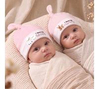 Shein 2 piezas Gorros de bebé recién nacido con diseño de oveja y conejo "Amo a papá y mamá" de la serie de San Valentín, bordados y estampados, suaves, dis