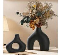 Shein 2 piezas Juego de jarrones de resina negra, decoración del hogar moderna, jarrones con forma de rosquilla adecuados para juncos, estilo nórdico minima