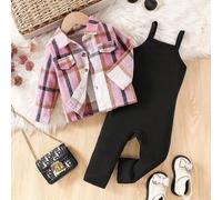 Shein 2 piezas Mono a cuadros rosas para niñas pequeñas, conjunto deportivo de estilo retro estadounidense de vuelta al cole para un look diario casual y li