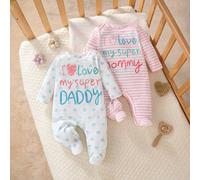 Shein 2 piezas Mono de manga larga con pies para recién nacidos, hombros abiertos, a rayas azules, a rayas rosas, "Amo al súper papá", "Amo a la súper mamá"