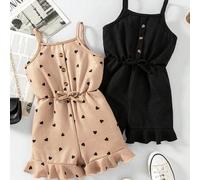 Shein 2 piezas Monos de verano casuales para niñas con volantes, hechos de tela de punto de poliéster elástica, adecuados para gente joven, mono de ajuste r
