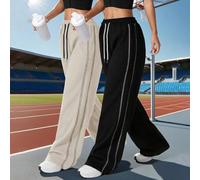 Shein 2 piezas Pantalones rectos para mujer de tela de punto de gofre con rayas de contraste laterales sueltas para senderismo al aire libre, running, entre