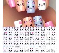 Shein 2 piezas Pegatinas de arte de uñas 3D de gato de dibujos animados, cara de gato rosa y negro hueco lindo, diseño de oreja y lazo, pegatinas de esmalte