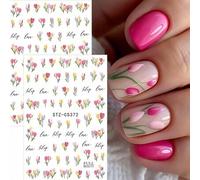 Shein 2 piezas Pegatinas de arte de uñas con flores de tulipán primavera rojo amarillo rosa púrpura mini flor holandesa letra florecimiento floral en verano