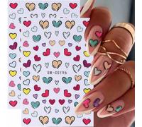Shein 2 piezas Pegatinas de uñas con corazones de colores para el Día de San Valentín, decoraciones de uñas lindas con corazones azules, rojos, rosas y amar