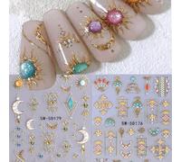 Shein 2 piezas Pegatinas de uñas de metal 5D con diseños bohemios en relieve, incluyendo arcoíris, sol dorado, gemas, encaje, collar de esmalte, luna, decor