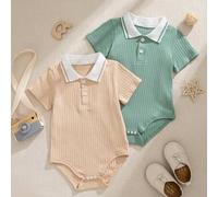 Shein 2 piezas Pelele de punto de verano para bebé niño, body de manga corta con media cartera en beige sólido y verde, adecuado para uso casual y salidas