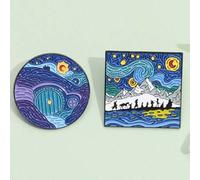 Shein 2 piezas Pines de esmalte con pintura al óleo arte, pasadores de metal creativos de dibujos animados con cielo estrellado, Van Gogh, accesorios de ins