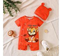 Shein 2 piezas Recién nacido bebé niño niña lindo león valiente impreso moda naranja pelele de punto con gorro con orejas, nuevo conjunto 2026 para sesión d