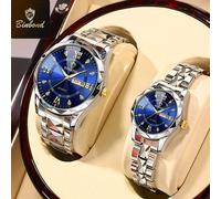 Shein 2 PIEZAS Reloj de cuarzo para pareja con números romanos, de moda, de acero inoxidable, resistente al agua, para hombre y mujer - Regalo del DÃa de