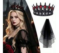Shein 2 piezas/Set Accesorios de Boda Estilo Gótico Corona Negra & Velo, Estilo Vintage Reina Negra, Adecuado para Disfraz Gótico de Halloween, Se Puede Usa
