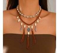 Shein 2 piezas/Set Collar de estilo vaquero occidental vintage con cordón marrón, pluma de turquesa blanca y decoración de cuentas de plata, joyería de cuel