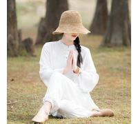 Shein 2 piezas/Set Conjunto de Hanfu modificado blanco para mujer, Traje Tang de primavera/verano con botones de rana, Top de lino y pantalones casuales tip