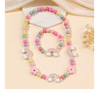 Shein 2 Piezas/set Conjunto De Joyería De Cuentas De Madera Para Niños, Que Incluye Un Macarrón Arcoíris Y Un Collar De Cuentas Colorido, Se Puede Hacer Una
