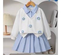 Shein 2 piezas/Set Conjunto Escolar para Niñas 7mo Cumpleaños 2 en 1, Sudadera con Cuello de Camisa Azul y Blanco con Patchwork y Cuello en V, Minifalda Pli