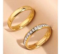 Shein 2 Piezas/set De Anillos Dorados Amarillos Con Un Círculo Completo De Diamantes Y Un Simple Anillo Liso, Adecuados Para Parejas, Anillos De Bodas, Anil