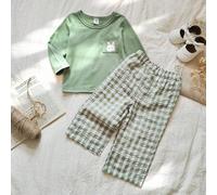 Shein 2 piezas Set de camiseta de manga larga con estampado de rabbit de primavera/agosto y pantalones casuales a cuadros para niñas bebé, elegante y cómodo