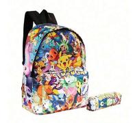 Shein 2 PIEZAS - SET Mochila ligera 3D impresa con Pokémon Pikachu de dibujos animados, mochila escolar de 2 piezas del monstruo de bolsillo, estuche para l