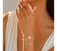 Shein 2 piezas/Set Pulsera de dedo con colgante vintage de Cruz & Virgen María con cadena de perlas falsas decorada en capas, accesorio de joyería de mano d
