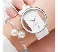 Shein 2 piezas/Set Reloj de pulsera de cuarzo con esfera hueca simple y elegante, con correa de PU, como regalo para estudiantes que vuelven a la escuela