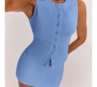 Shein 2 piezas/Set Top de tirantes de punto a rayas azul aciano y minifalda de cintura baja para mujer, ideal para vacaciones en la isla de Ibiza, citas y d