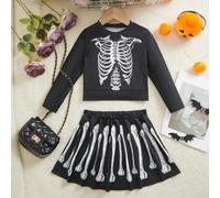 Shein 2 piezas/set Vestido de manga larga con estampado de esqueleto para niñas pequeñas en Halloween, conjunto a juego de mamá e hija (2 conjuntos se vende