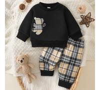 Shein 2 piezas Sudadera y Joggers para Niño Bebé, Estilo Preppy Lindo, Cuadros Negro y Amarillo, Aplique de Oso, Ribete Acanalado, Manga Larga, Cuello Redon
