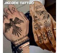 Shein 2 PIEZAS Tatuajes temporales semipermanentes impermeables de cuervos vikingos, símbolos crípticos para manos, tatuajes falsos realistas impermeables,