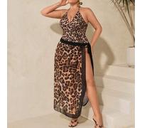 Shein 2 piezas Traje de baño de una pieza con cubierta estampado de leopardo y escote en V para mujeres talla grande, conjunto de vestimenta de playa de res
