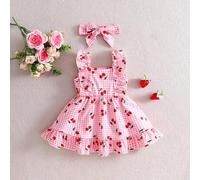 Shein 2 piezas Vestido de niña recién nacida rosa con estampado de cuadros y fresa de dibujos animados con diadema de lazo bonita, 0-3 meses, suave, elástic