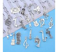 Shein 20 Colgantes De Aleación De Notas De Guitarra Y Instrumentos Musicales Plateados Antiguos, Colgantes De Mezcla Aleatoria De Saxofón Con Micrófono De P