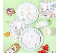 Shein 20 piezas/80 piezas, Juego de vajilla desechable con temática de pato verde salvia - Platos, vasos y servilletas de papel con estampado lindo de ganso