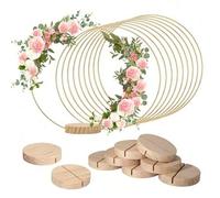 Shein 20 piezas Centros de mesa de anillos de metal, Aros de corona de metal, Anillos circulares dorados, Incluye un gran soporte de exhibición de madera, A