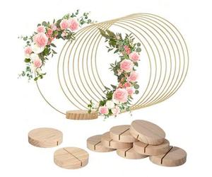 Shein 20 piezas Centros de mesa de anillos de metal, Aros de corona de metal, Anillos circulares dorados, Incluye un gran soporte de exhibición de madera, A