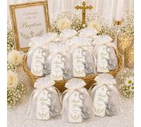 Shein 20 Sets/60 Piezas Juego de Llaveros del Arcángel San Miguel Ángel Guardián para Bautizo con Bolsas de Regalo de Organza Blanca, Cintas de Satén Crema