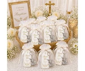 Shein 20 Sets/60 Piezas Juego de Llaveros del Arcángel San Miguel Ángel Guardián para Bautizo con Bolsas de Regalo de Organza Blanca, Cintas de Satén Crema