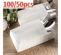 Shein 200/100 piezas Juego de servilletas desechables de textura de lino blanco nube, con bolsa incorporada para cubiertos - Alta absorción, decoración eleg