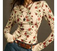 Shein 2025 Nueva Camiseta de Punto Elástica con Estampado Acanalado en Color Albaricoque para Otoño/Invierno, Camiseta de Manga Larga con Cintura Ceñida y B