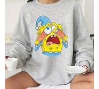 Shein 2025 Otoño/Invierno Sudadera holgada de felpa con cuello redondo y manga larga para mujer, con estampado temático de Bob Esponja y un adorable diseño