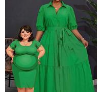 Shein 2025 Vestido maxi de manga corta con panel fruncido en línea A de unicolor para mujer talla grande, curva plus, Hoho Vacation
