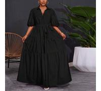Shein 2025 Vestido maxi de manga corta con panel fruncido en unicolor para mujer talla grande, estilo curva plus, bohemio de vacaciones, vestido negro de ta