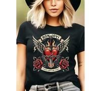 Shein 2026 Camiseta casual con estampado único de moda para mujeres y hombres, 1 pieza Bon Jovi Heart Wings Sword Roses Your Love Is My Fire Camisetas gráfi