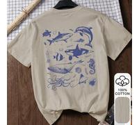 Shein 2026 Camiseta de manga corta de algodón 100% con estampado de ballena y tiburón para mujer, esencial para volver al colegio, atuendo para el primer dí