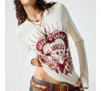 Shein 2026 Nueva camiseta de manga larga de cuello redondo casual y versátil con estampado de letras para primavera y verano, estilo retro, tela con textura