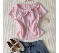 Shein 2026 Nueva llegada Primavera/Verano Camisa casual de mujer de manga corta con diseño de rayas y un solo pecho, elegante blusa de verano para mujeres,