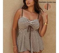 Shein 2026 Nuevo conjunto de bikini de talla grande con top tubo a rayas marrón y blanco con textura y tirantes desmontables, parte superior con dobladillo