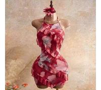 Shein 2026 Nuevo vestido de mujer con escote sexy, estampado floral y cuello halter, con diseño de borde con volantes, estilo de resurgimiento Y2K, estilo d